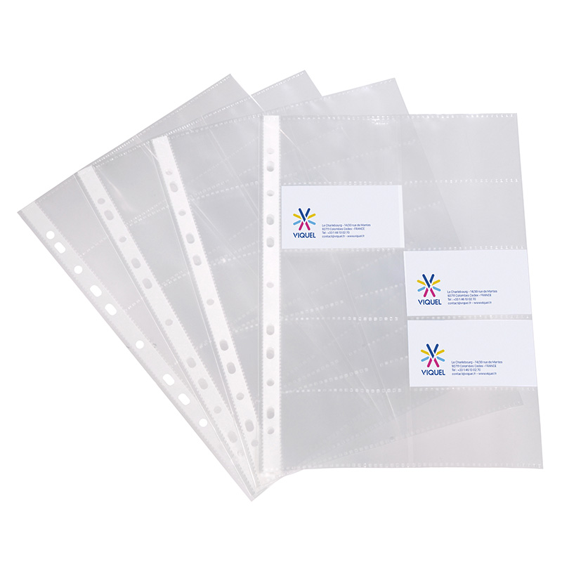 Pochettes perforées Viquel A4 pour cartes de visite polypropylène lisse  10,5/100e - Boîte de 10 sur